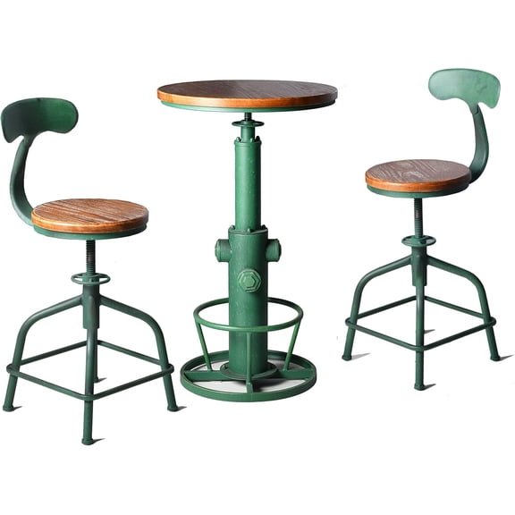 Topower 3-Piece Pub Bar Set Industrial Round Bar Table and Adjustable Swivel Stools with Backrest for 2 Match Bar Height and Counter Barstool Antique Green 1 Table + 2 Chairs