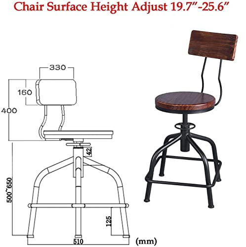 Set Of 2 Farmhouse Kitchen Stools - Adjustable Height Swivel Bar Stools With Wood Seat, Black Industrial Design