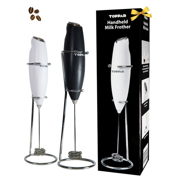 Toppar Handheld Milk Frother with Titanium Motor and Premium Stand- Double Whisk, Milk Foamer & Coffee Blender Frother for Frappe, Latte, Matcha (Milky white)