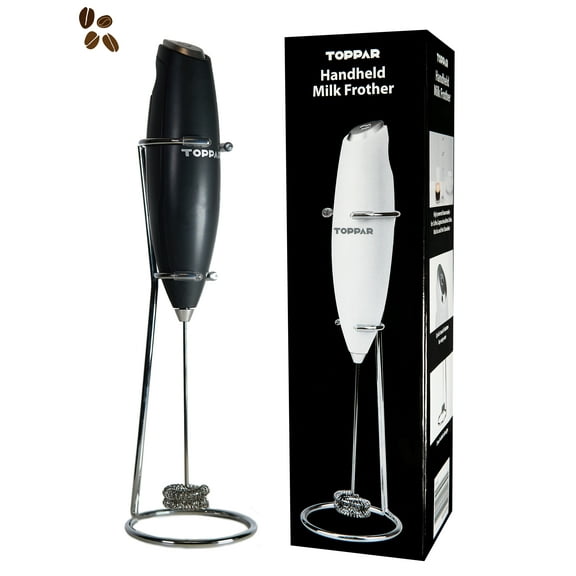Toppar Handheld Milk Frother with Titanium Motor and Premium Stand- Double Whisk, Milk Foamer & Coffee Blender Frother for Frappe, Latte, Matcha (Nightly black)