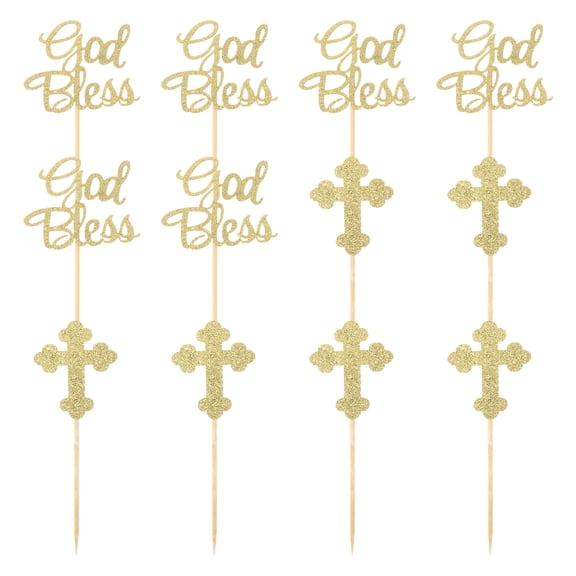 Topper Cake Birthday Party Bless Pick Toothpick Cross Supplies Baptism Communion First Glitter Appetizer Insert Golden