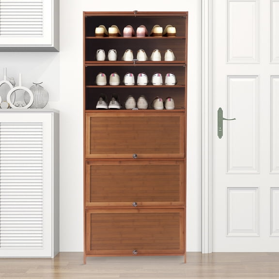 ToppiJoy 10-Tier Shoe Organizer Cabinet with Cover Wood, Shoe Cabinet Rack Tiered Storage with Sophisticated Handle and Extra Storage Platform for Home