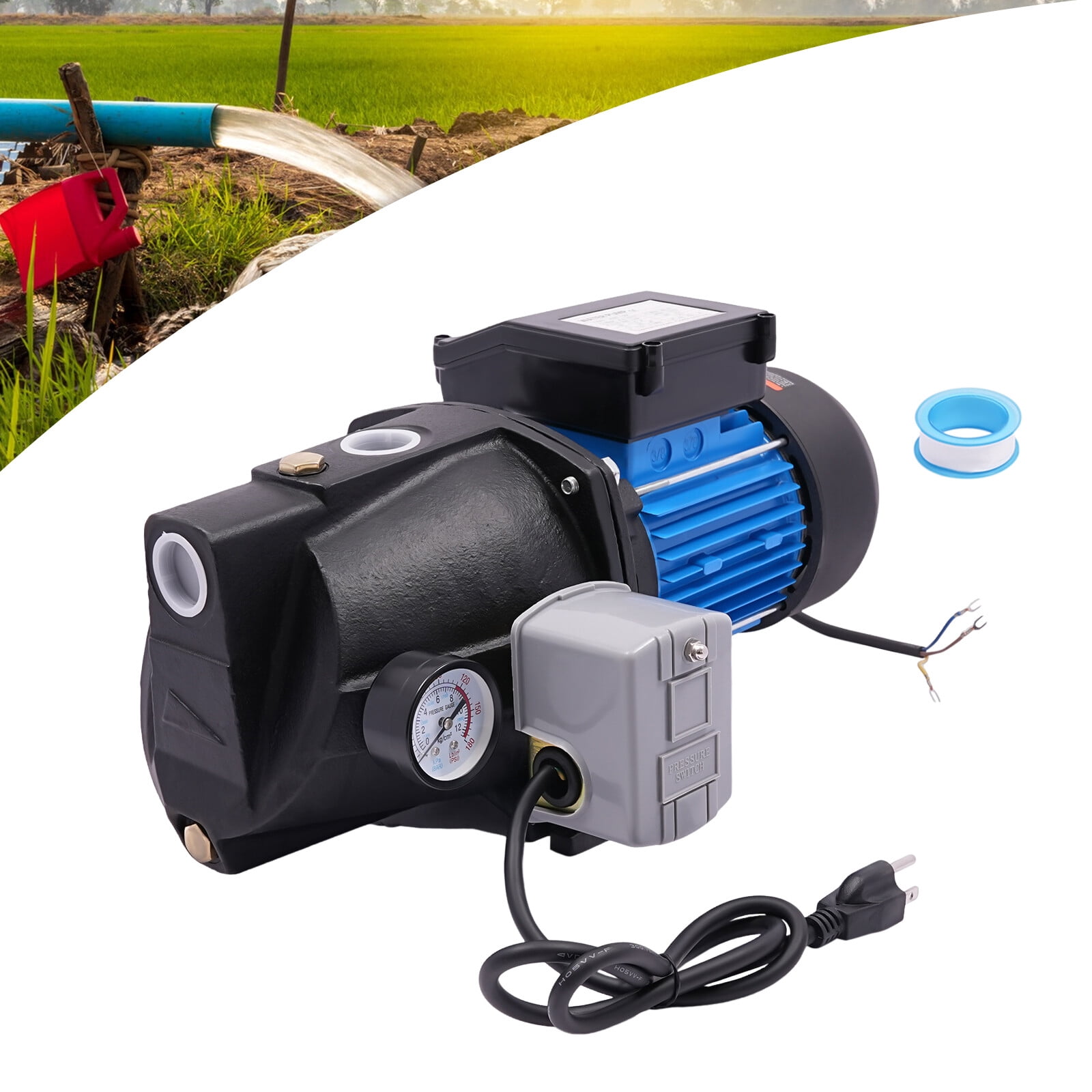 ToppiJoy 110V 1HP Shallow Well Pump with Ejector Kit Cast Iron Jet Water Pump, Well Depth Up to 25ft, Automatic Pressure Switch, Water Pump for Farm Lawn Garden