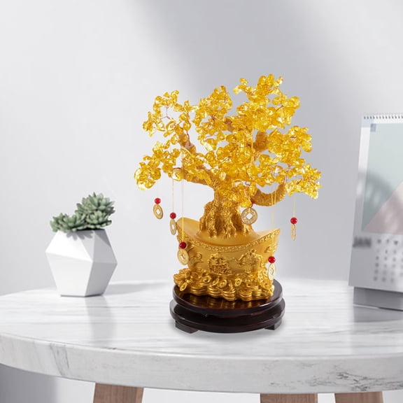ToppiJoy 11in Feng Shui Decor Money Tree, Crystal Yellow Lucky Feng Shui Money Plant for Home with Rotating Base, Symbol of Wealth/Fortune and Lucky