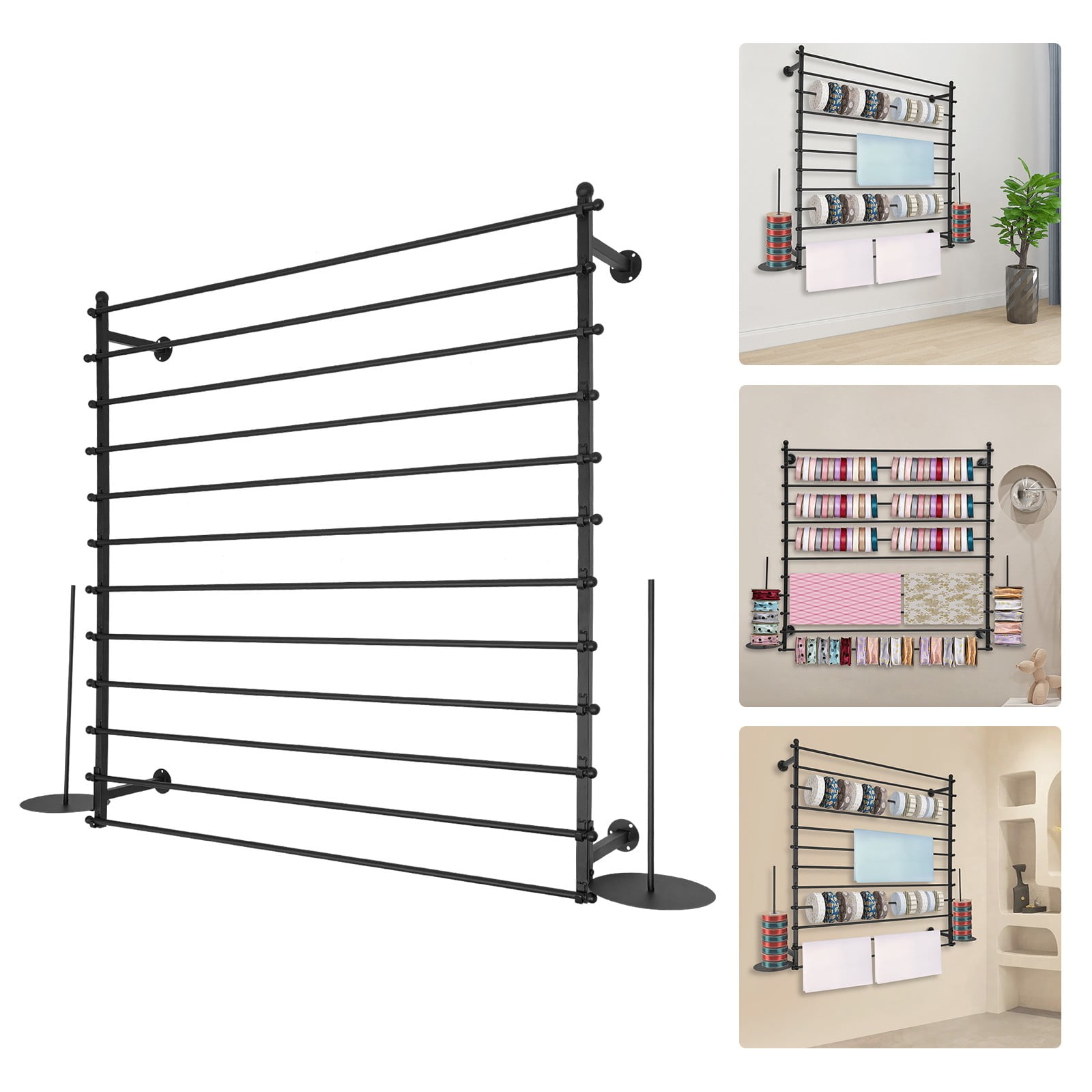 ToppiJoy 12 Rods Wall Mounted Ribbon Rack for Craft Room, Ribbon Organizer Wrapping Paper Rack for Craft Room, Cake Shop, Flower Shop Black