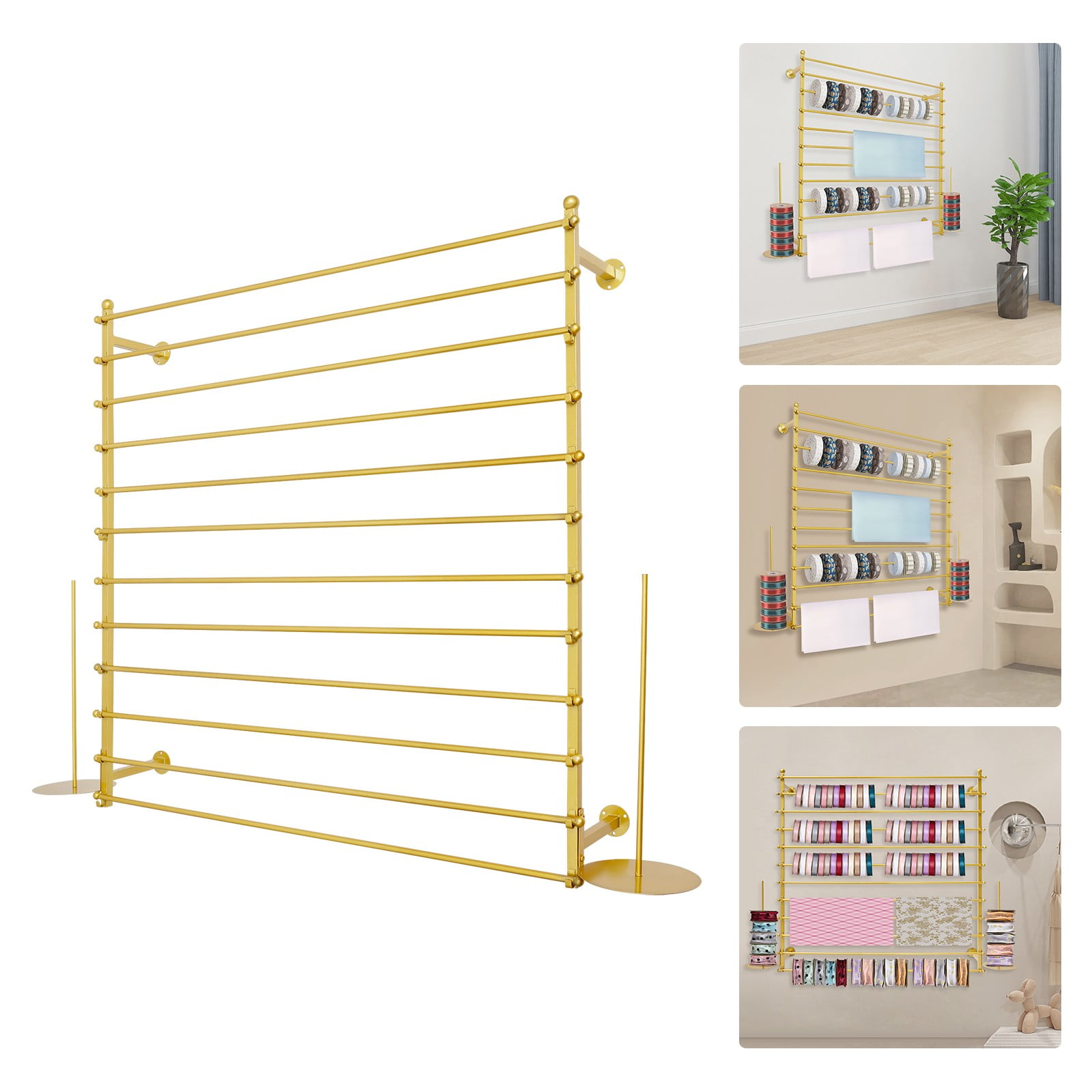 ToppiJoy 12 Rods Wall Mounted Ribbon Rack for Craft Room, Ribbon Organizer Wrapping Paper Rack for Craft Room, Cake Shop, Flower Shop Gold