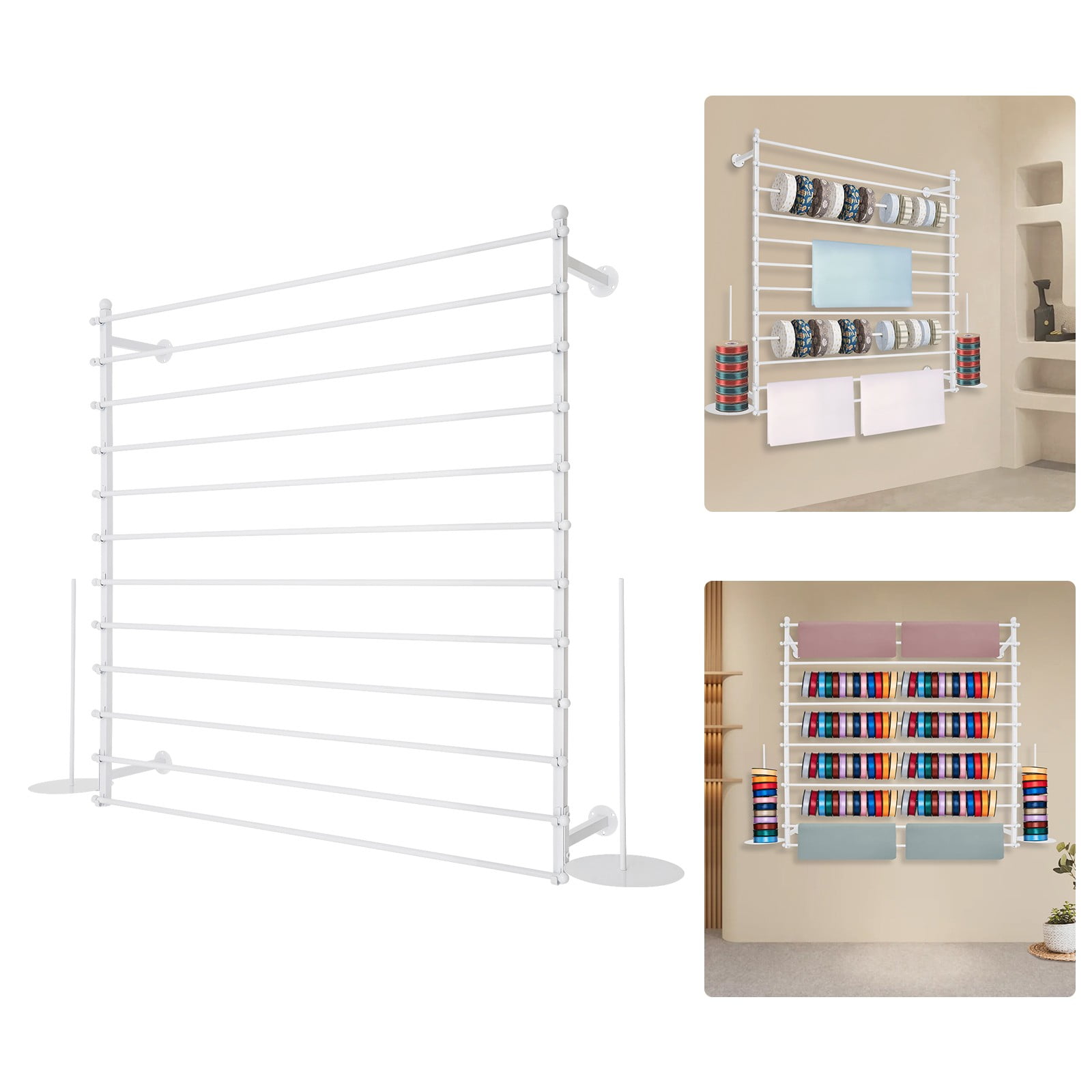 ToppiJoy 12 Rods Wall Mounted Ribbon Rack for Craft Room, Ribbon Organizer Wrapping Paper Rack for Craft Room, Cake Shop, Flower Shop White