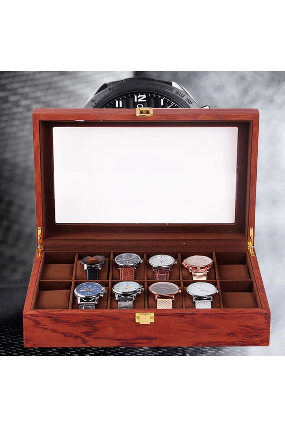 12 Slots Vintage Wooden Watch Box Display Organizer Jewelry Storage Case Reddish-brown