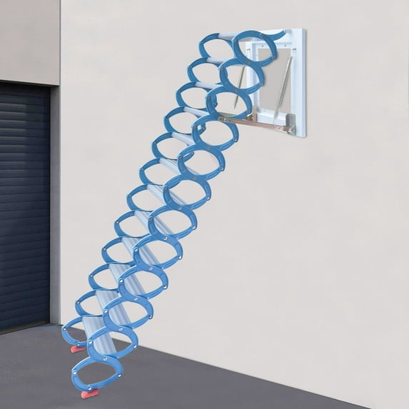 ToppiJoy 12 Steps Retractable Loft Access Ladder, Attic Ladder Pull Down System Wall Mounted Folding Attic Staircase Hold up to 880lbs for Garage, Roof, Basement (Blue, White)