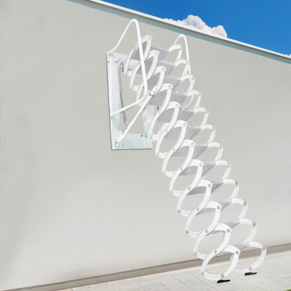 ToppiJoy 12 Steps Retractable Loft Access Ladder, Attic Ladder Pull Down System Wall Mounted Folding Attic Staircase Hold up to 880lbs for Garage, Roof, Basement (White)