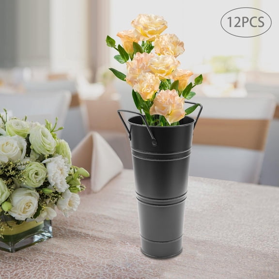 ToppiJoy 12PCS Galvanized Flower Bucket, Vintage Metal Flower Vase Farmhouse French Planter Floral Container for Flowers Arrangements Table Centerpiece Weddings Home (Black)