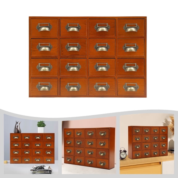 ToppiJoy 16 Drawers Wooden Desktop Chest, Entry Key Jewelry Storage Cabinet, Home Dustproof Medicine Cabinet for Living Room, Office, Chemist (Brown)