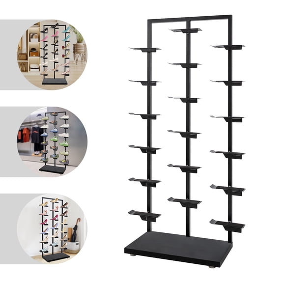 ToppiJoy 18 Shoe Commercial Store Shoe Rack, Retail Boutique Shoe Display Shelf, Metal Sneaker Basketball Shoes Stand (Oak, Black)