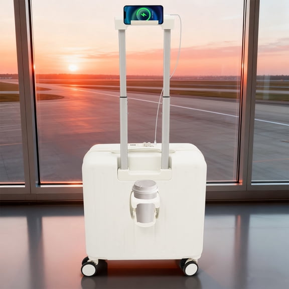 ToppiJoy 18Inch Carry on Luggage Hard Shell Suitcases with Laptop Compartment Rolling Luggage Bags with Access to Central Compartment (White)