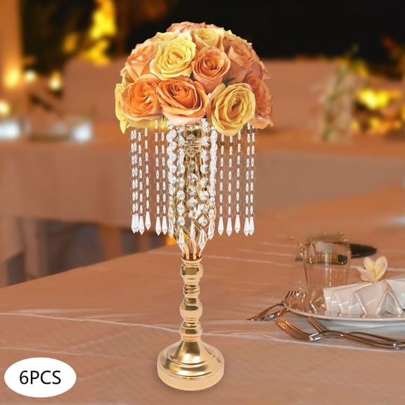 ToppiJoy 19.3in 6Pcs Crystal Flower Stand Wedding Road Lead Tall Flower Holders Flower Vase for Reception Tables Wedding Supplies (Gold)