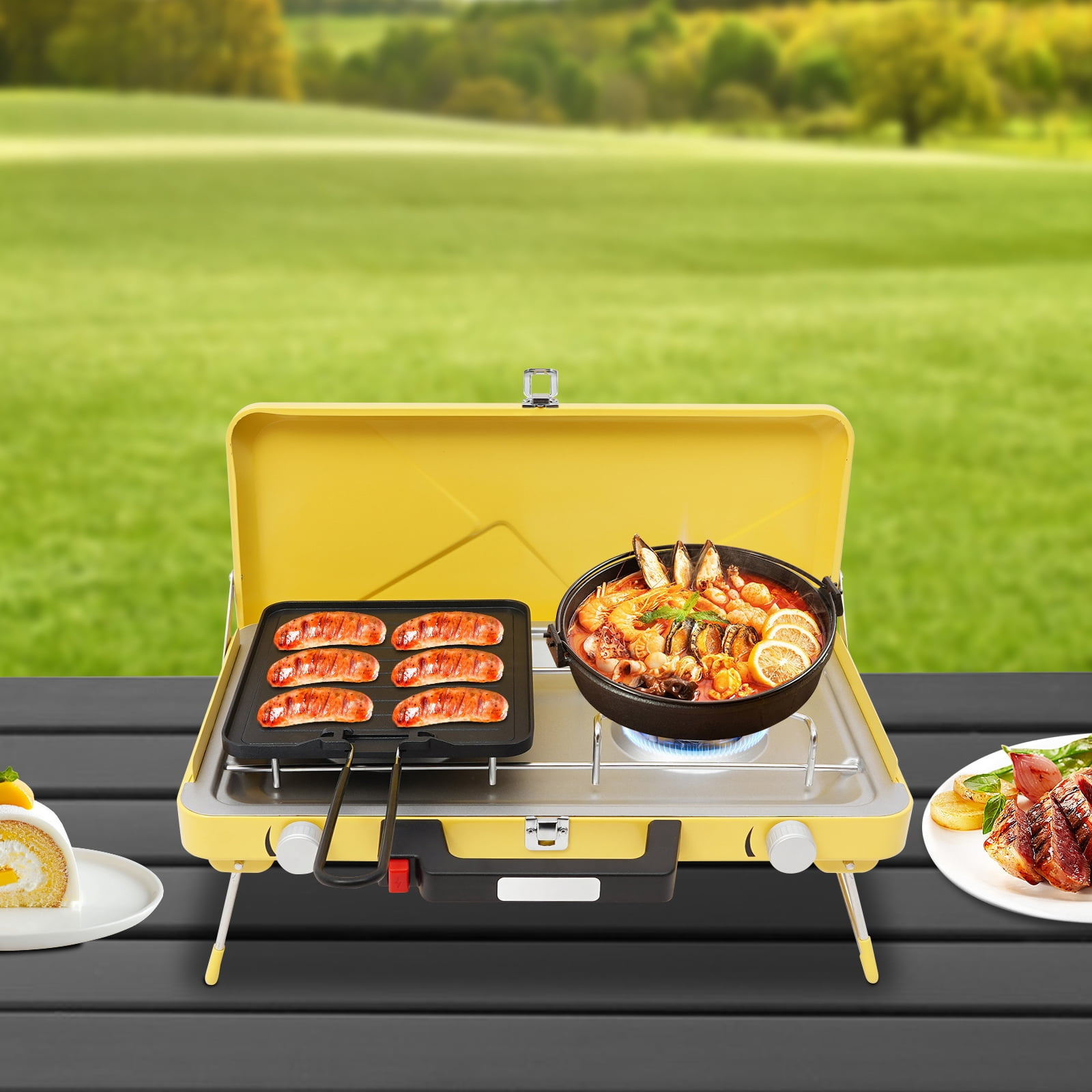 ToppiJoy 2-Burner Camping Stove Stainless Steel Outdoor Cooking Gas Camping Stove with Tray for Outdoor Camping Garden Backyard (Yellow)