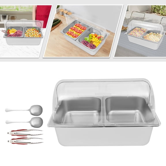 ToppiJoy 2 Compartments Condiment Tray with Ice Chamber, Chilled Condiment Server with Lid, Ice Packs Cold Condiment Tray for Catering Kitchen