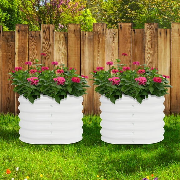 ToppiJoy 2 PCS Round Raised Garden Bed, Metal Planter Box Outdoor Garden Raised Boxes for Planting Flowers Herbs Vegetables Fruits(White)