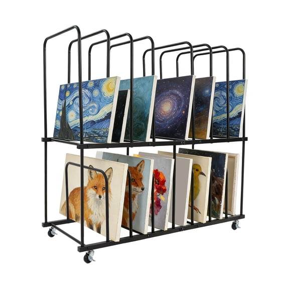 ToppiJoy 2-Tier Art Storage Rack with Wheels, Metal Drying Display Stand, Canvas Boards Rack Art Storage, for Artwork, Prints Panels (Black)