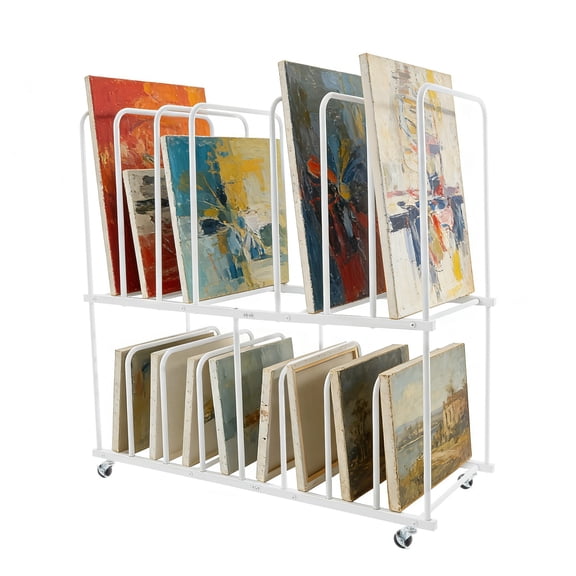 ToppiJoy 2-Tier Art Storage Rack with Wheels, Metal Drying Display Stand, Canvas Boards Rack Art Storage, for Artwork, Prints Panels (White)