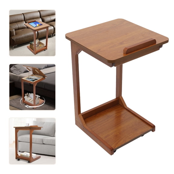 ToppiJoy 2 Tier C-Shaped End Table with Wheels, Wooden Side Table for Couch TV Tray Reading with Storage Adjustable Desktop for Living Room Bedroom (Walnut, 40*40*63cm)