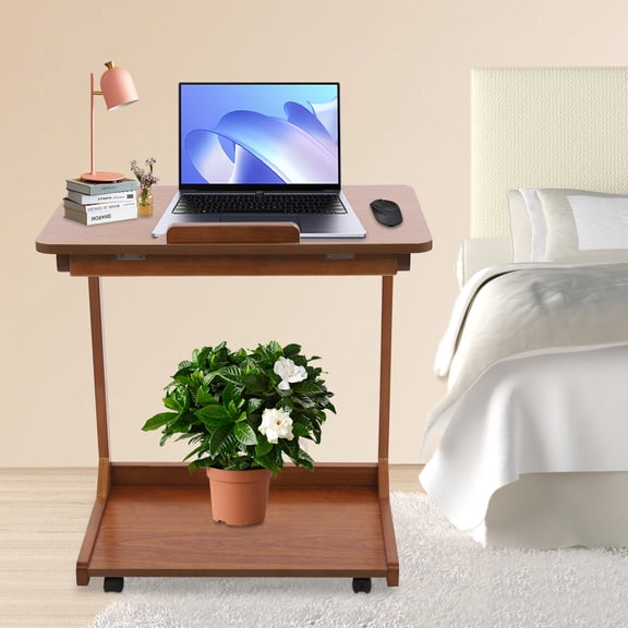 ToppiJoy 2 Tier C-Shaped End Table with Wheels, Wooden Side Table for Couch TV Tray Reading with Storage Adjustable Desktop for Living Room Bedroom (Walnut, 60*40*63cm)