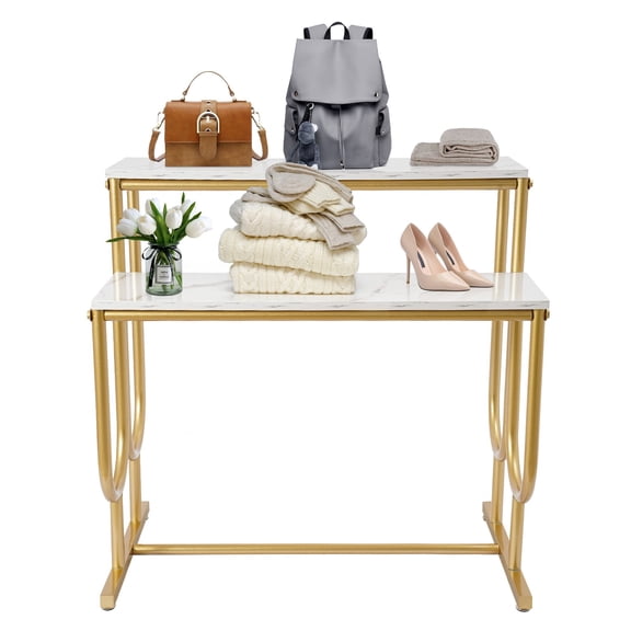 ToppiJoy 2 Tier Display Table, Metal Shoe Handbag Display Stand, Modern Standing Purse Display Stand for Retail Stores