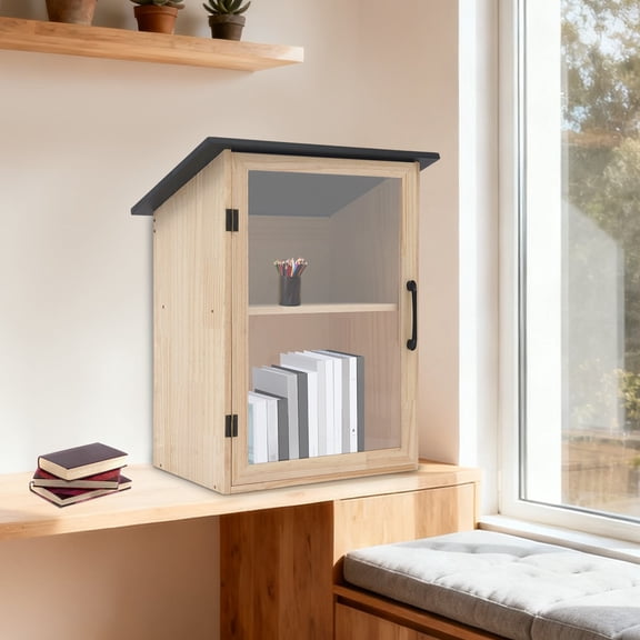 ToppiJoy 2-Tier Little Library Wooden Book Storage Box with Doors, Small Wooden Cabinet for Novels Magazines (15.7*11*22.4inch)