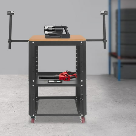 ToppiJoy  2 Tier Planer Table with Extension Rollers Hold up 550 lbs, 32.48-38.39in Height Adjustable Miter Saw Stand for Most Planers Saws Bench(Wooden Tabletop)