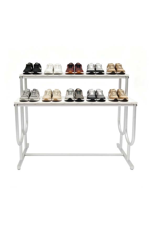 2-Tier Rectangular Display Stand, Tiered Shoes Display Rack, Display Shelf for Shoes, Bags (White, Silver)
