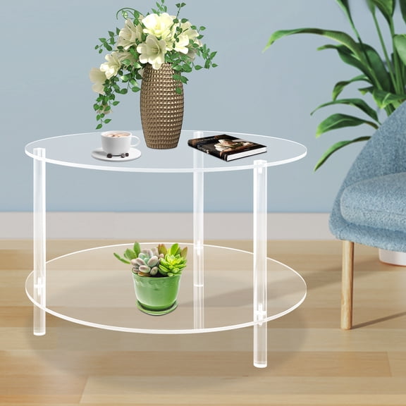 ToppiJoy 2 Tier Round Acrylic Coffee Table, Modern Clear End Table for Couch, Living Room, Bedroom(Clear)