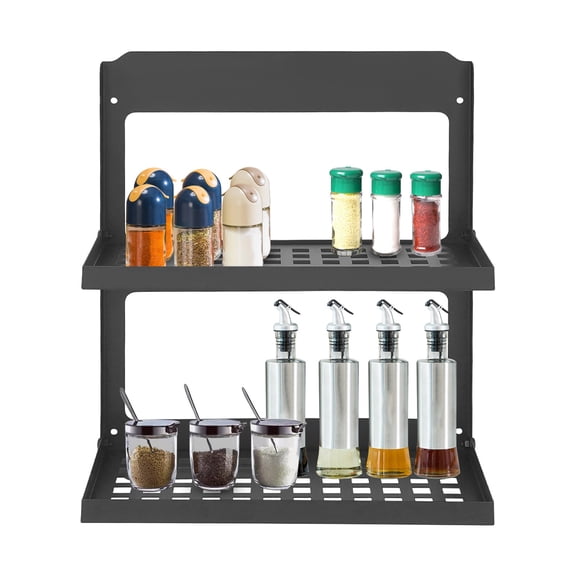 ToppiJoy 2-Tier Shelf Wall Mounted, Foldable Wall Spice Rack Shelf, Double Layer Floating Shelf for Kitchen Laundry Room Bathroom