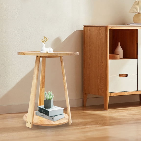 ToppiJoy 2-Tier Small Round Side Table, End Table with Storage Shelf, Modern Couch Bedside Table for Living Room Bedroom Apartment Office (Wood Color)