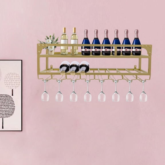 ToppiJoy 2 Tier Wall Mounted Wine Rack , 31in Industrial Metal Wall Wine Shelf & Glass Holder, Wine Bottle Storage Display Rack for Home Bar Dining Room Decor (Gold)