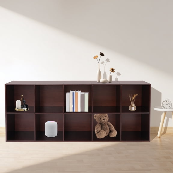 ToppiJoy 2 Tiers 10-Cube Solid Wood Bookshelf, Floor Standing Bookcase, Fabric Storage Bins Container for Home Office Library Wood