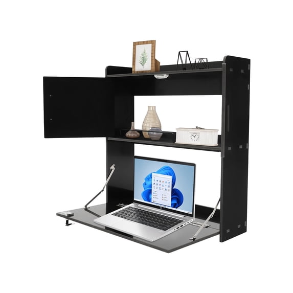 ToppiJoy 2 Tiers Wall Mounted Computer Desk with Storage Drawer Shelves, Multifunctional Floating Table for Home Office (Black)