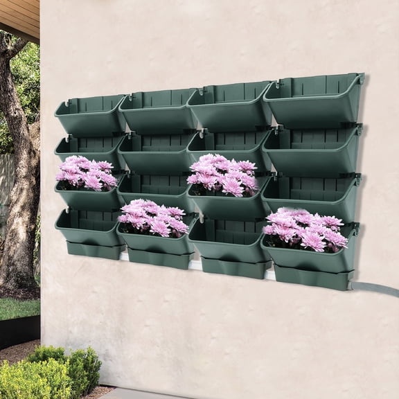 ToppiJoy 20 Planters Hanging Vertical Wall Planter, Stackable Wall-Mounted Planter Indoor Outdoor with 4 Drainage Pot 16 Plastic Pot Drainage Pipe Vegetable(Green)