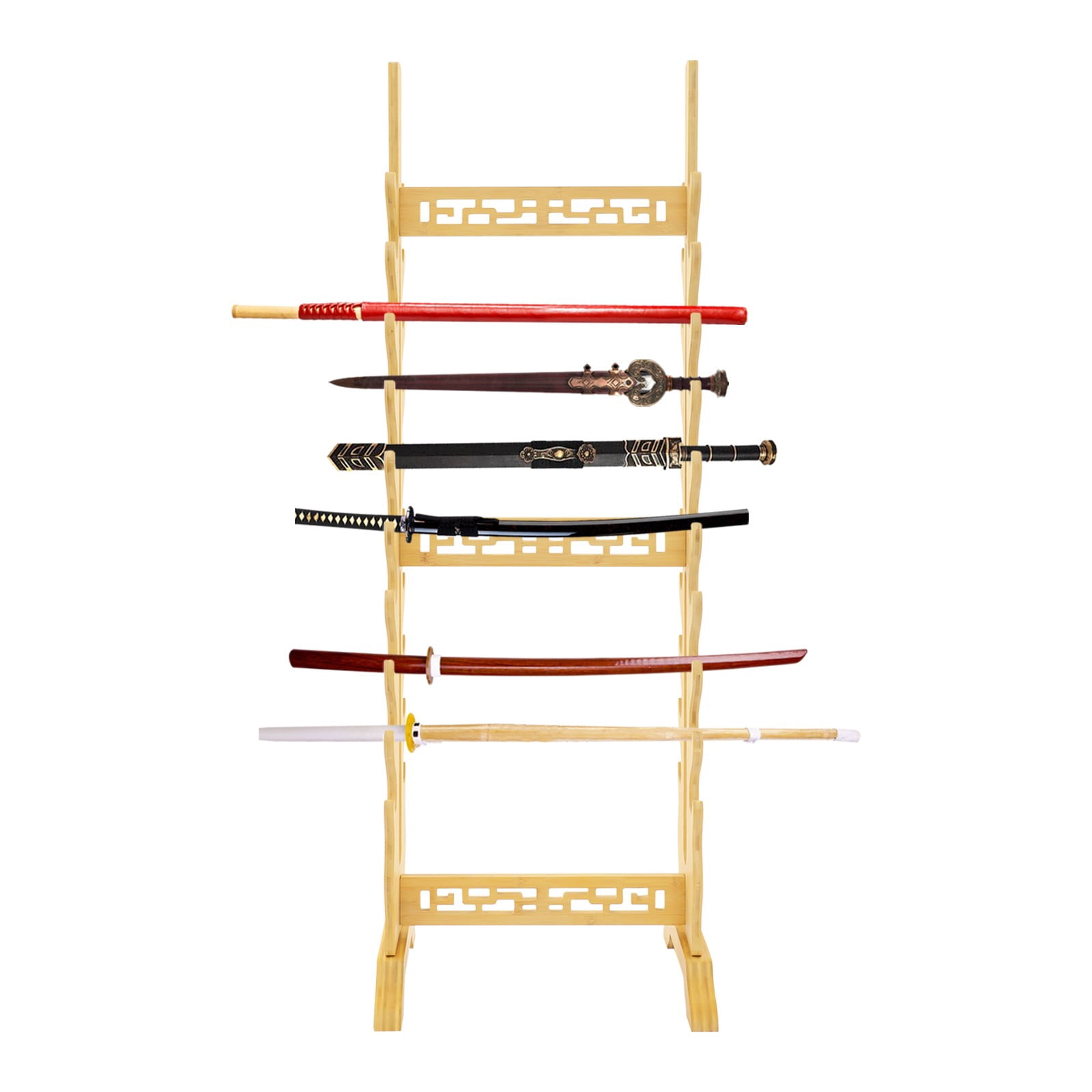 ToppiJoy 20 Tier Wooden Vertical Sword Display Stand, Multiple Samurai Katanas Swords with 3 Spear Holes (Wood Color)
