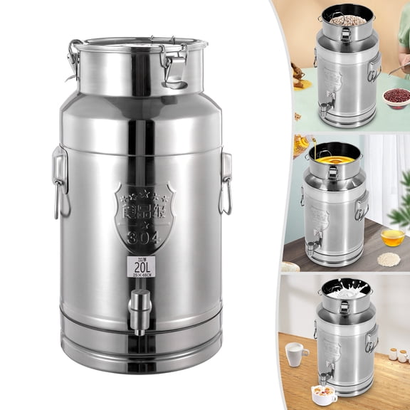 ToppiJoy 20L/5.28Gal 304 Stainless Steel Beverage Drink Dispenser with Spigot, Milk Can with Hangable Lid, for Milk Coffee Oil Wine Rice