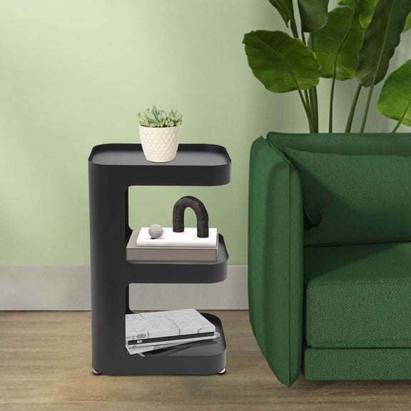 ToppiJoy 21.26in Black E-Shaped Side Table with Open Storage Shelves, 3-Tier Night Stand with Adjustable Feet for Living Room Small Space