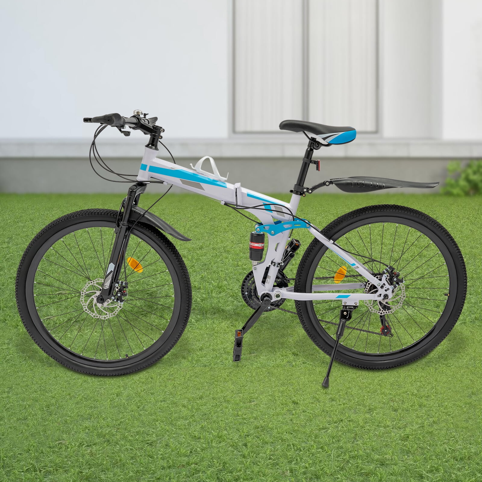 ToppiJoy 21-Speed 26 Inch Folding Mountain Bike, Men Women Bikes Suspension High-Carbon Steel MTB Bicycle Dual Disc Brake Non-Slip Folding Bikes for Adults Men Women, Blue and White