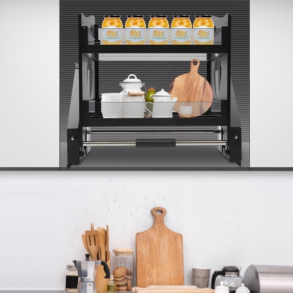 ToppiJoy 22'' 2 Tier Pull Down Heavy Duty Shelf Organizer Drop Down Large Shelf, Pull-Down Dish for Upper Cabinet Black