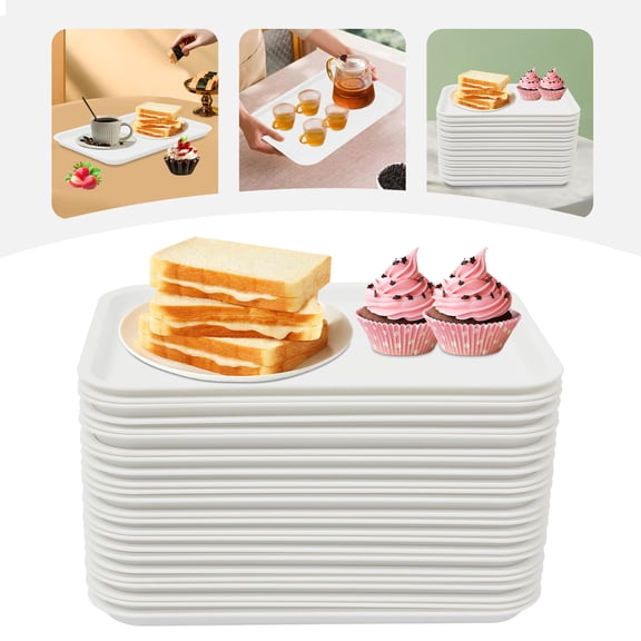 ToppiJoy 24 Pcs Plastic Serving Tray Rectangular Serving Trays, Stackable Kitchen Counter Top Tray for Serving Steaming Hot Food, Juices, Snacks (White)