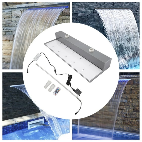 ToppiJoy 24in 7 Colors Acrylic Pool Fountain Pool Waterfall Spillway LED Light with Remote Control Grey