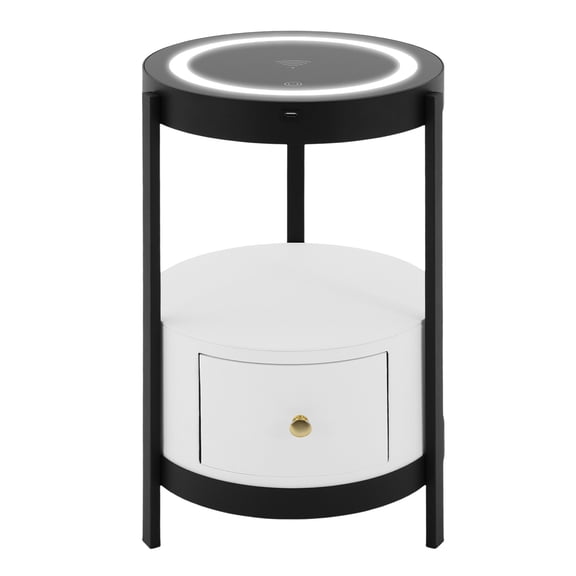 ToppiJoy 24in Tall LED Smart Nightstand with Drawers, Sofa Round End Table with Wireless Charging Station USB Ports, for Bedroom Living Room Black, White