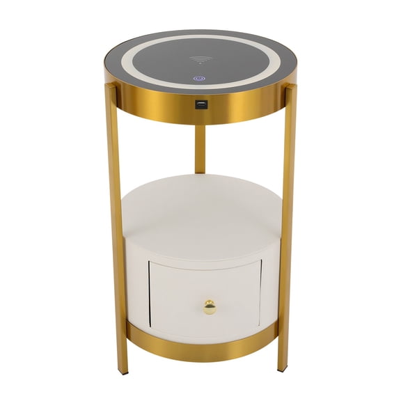 ToppiJoy 24in Tall LED Smart Nightstand with Drawers, Sofa Round End Table with Wireless Charging Station USB Ports, for Bedroom Living Room White, Gold