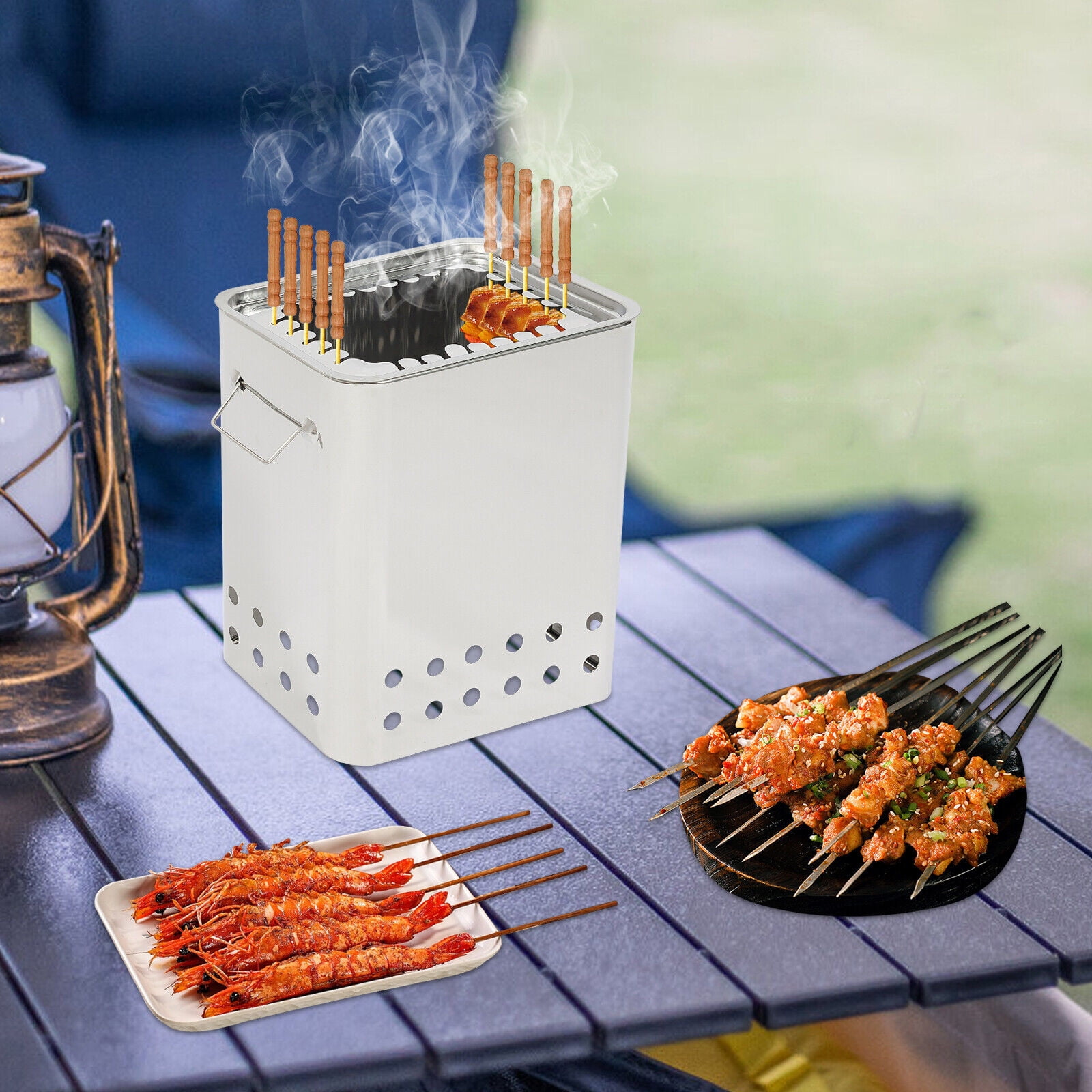 ToppiJoy  26 Skewers Portable 360° Smokeless Square Barbecue Hanging Grill, Stainless Charcoal BBQ Stove for Travel Camping Grill Picnic Patio Backyard
