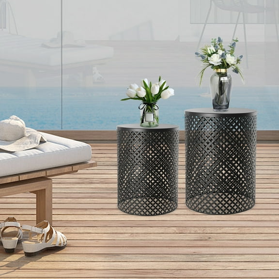 ToppiJoy 2PCs Outdoor Freestanding Side Table,Cylindrical Small Accent Table, Metal Modern Conner Table, Indoor End Table for Porch,Backyard(Black)