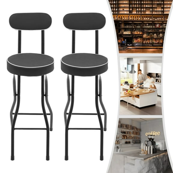 ToppiJoy 2Pcs Counter Folding Bar Stools Chair with Back, Leather Upholstered Barstools, Foldable Chair Stool Collapsible for Kitchen Island Guitar Cafe Shop Dining Room Black