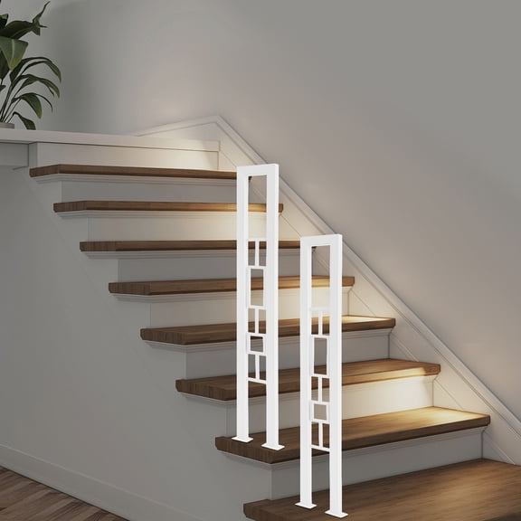 ToppiJoy 2Pcs U-Shaped Stair Handrail, Wrought Iron Hand Rails for Outdoor & Indoor Steps, Non-Slip Safety Support Poles for Porch Deck Loft(White, Rectangle+Square)